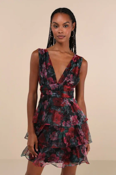 Lulus Poised Inspiration Black Multi Floral Organza Tiered Mini Dress