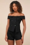 Lulus Poised Mindset Black Off-the-shoulder Button-front Vest Top In Black