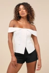 Lulus Poised Mindset Ivory Off-the-shoulder Button-front Vest Top In Ivory