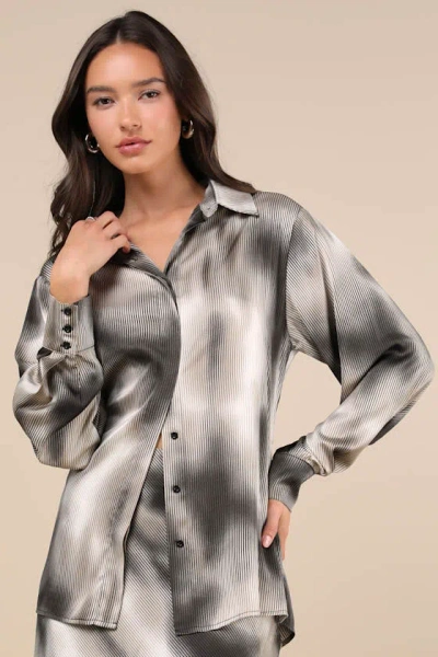 Lulus Poised Outcome Grey Multi Pinstriped Satin Button-up Top