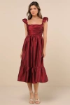 Lulus Poised Passion Wine Red Taffeta Pleated Ruffled Midi Dress In Wine Red