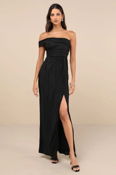 Lulus Poised Performance Black Plisse One-shoulder Shoulder Maxi Dress