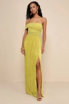 Lulus Poised Performance Chartreuse Plisse One-shoulder Maxi Dress In Green