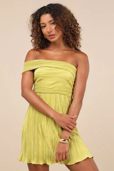 Lulus Poised Performance Chartreuse Plisse One-shoulder Mini Dress In Green