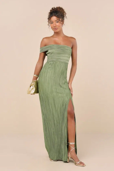 Lulus Poised Performance Olive Green Plisse One-shoulder Maxi Dress