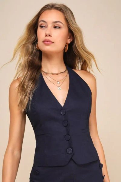 Lulus Poised Picture Navy Blue Linen Button-front Halter Vest Top