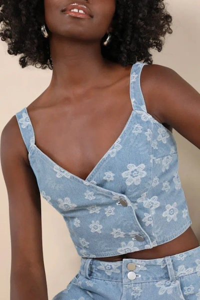 Lulus Poised Premise Medium Wash Floral Jacquard Crop Top In Blue