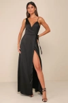 Lulus Poised Sophistication Black Satin Wrap Maxi Dress In Black
