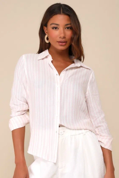 Lulus Polished Aesthetic White And Pink Striped Button-up Top