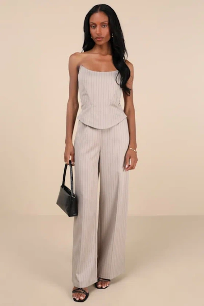 Lulus Polished Charisma Taupe Pinstriped Strapless Jumpsuit