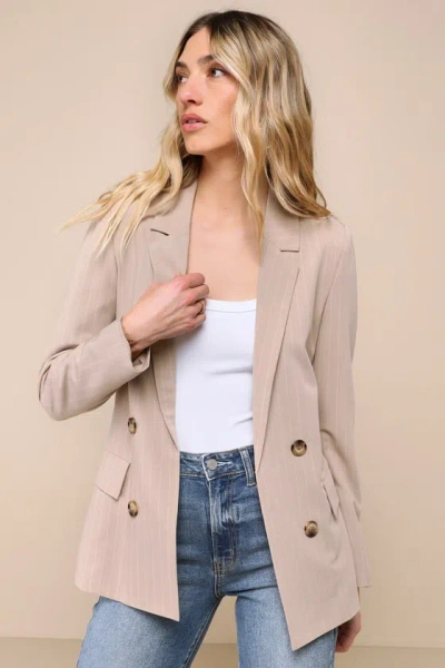 Lulus Polished Choice Taupe And White Striped Double Breasted Blazer