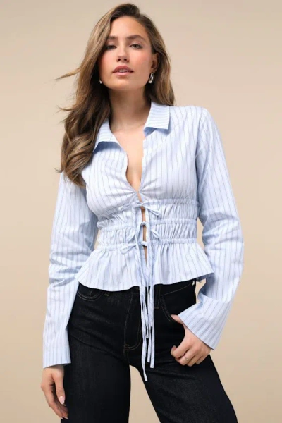 Lulus Polished Essence Blue Striped Collared Tie-front Top
