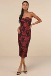 Lulus Polished Muse Black And Red Jacquard Strapless Midi Dress In Black