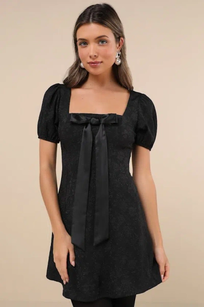 Lulus Polished Sweetie Black Jacquard Bow Puff Sleeve Mini Dress
