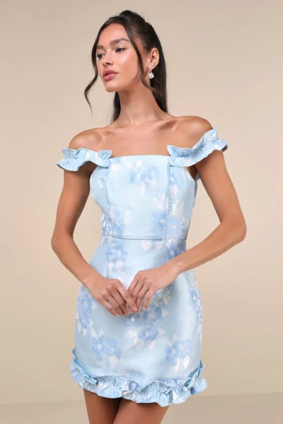 Lulus Pop The Bottle Light Blue Floral Jacquard Ruffled Mini Dress