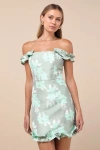 Lulus Pop The Bottle Sage Green Floral Jacquard Ruffled Mini Dress In Sage Green