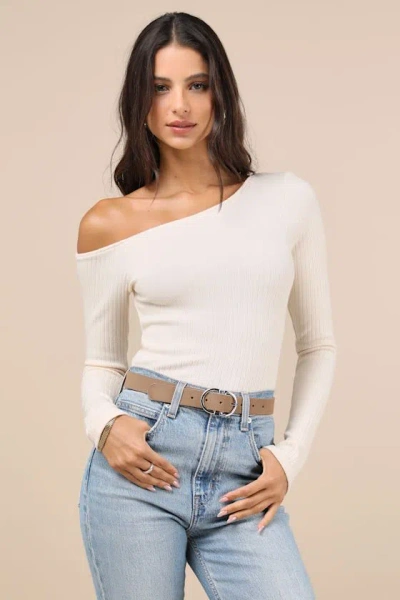 Lulus Popular Babe Ivory Ribbed Knit Asymmetrical Long Sleeve Top