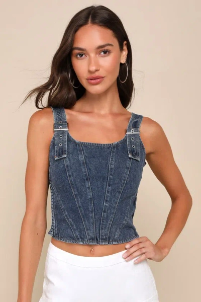 Lulus Popular Icon Dark Wash Denim Bustier Crop Top In Blue