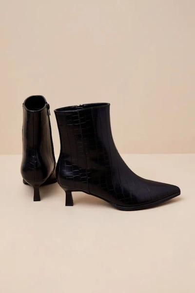 Lulus Portwood Black Croc-embossed Kitten Heel Ankle Booties