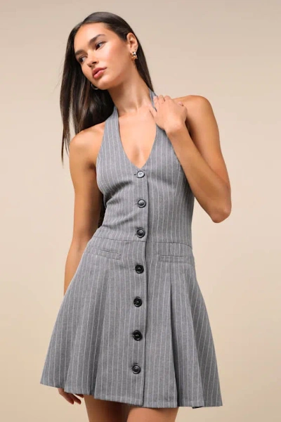 Lulus Posh Attraction Grey Pinstriped Button-front Halter Mini Dress