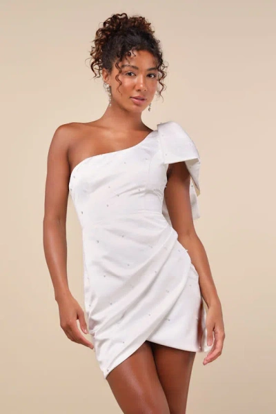 Lulus Posh Behavior White Pearl Bow One-shoulder Mini Dress