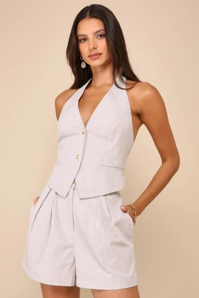 Lulus Posh Certainty Beige Pinstripe Linen Pleated High-rise Shorts