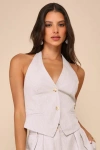 Lulus Posh Certainty Beige Pinstripe Linen Tie-back Halter Vest Top In Beige