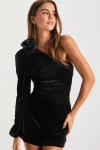 Lulus Posh Charmer Black Velvet Rosette One-shoulder Romper In Black