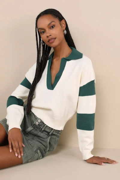 Lulus Posh Comfort Ivory And Green Collared Pullover Sweater