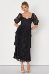 Lulus Posh Delight Black Floral Jacquard Pleated Midi Dress In Black