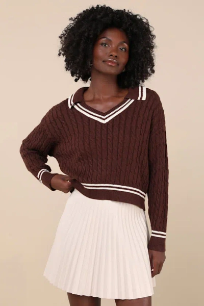 Lulus Posh Expert Brown Cable Knit Pullover Varsity Sweater
