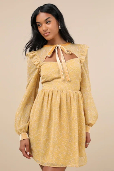 Lulus Posh Impression Yellow Floral Print Tie Neck Mini Dress