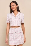 Lulus Posh Influence Pink And White Tweed Rhinestone Button-front Top In Pink And White