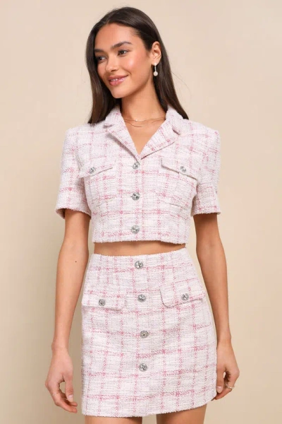 Lulus Posh Influence Pink And White Tweed Rhinestone Button-front Top