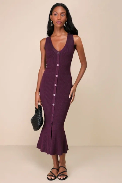Lulus Posh Intent Purple Ribbed Button-front Sweater Dress