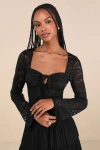 Lulus Posh Option Black Lace Keyhole Long Sleeve Top In Black