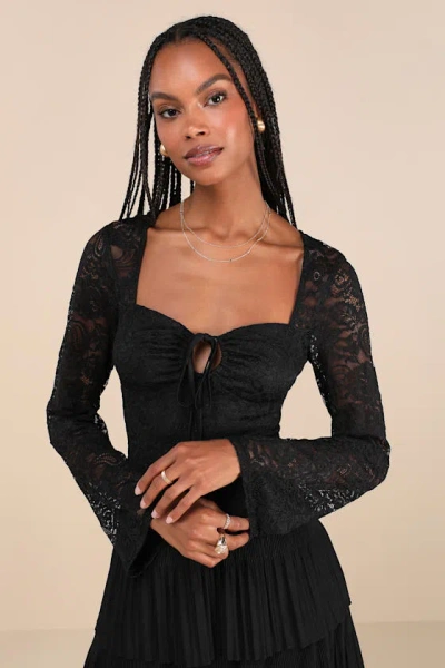 Lulus Posh Option Black Lace Keyhole Long Sleeve Top