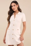 Lulus Posh Outcome Cream Short Sleeve Sweater Mini Dress In White