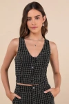 Lulus Posh Perception Black And White Plaid Tweed Cropped Button Top In Black And White