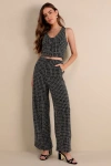 Lulus Posh Perception Black And White Plaid Tweed Wide Leg Pants In Black And White