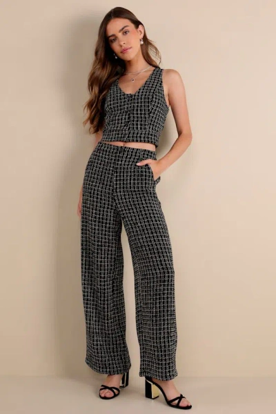 Lulus Posh Perception Black And White Plaid Tweed Wide Leg Pants