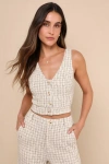 LULUS POSH PERCEPTION IVORY AND BLACK PLAID TWEED CROPPED BUTTON TOP