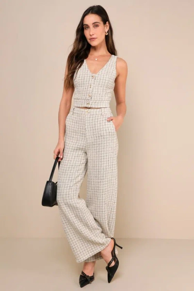 Lulus Posh Perception Ivory And Black Plaid Tweed Wide Leg Pants