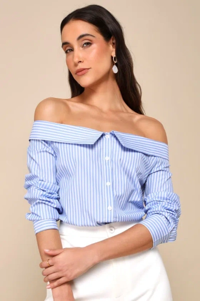 Lulus Posh Poise Blue Striped Cotton Off-the-shoulder Button-up Top