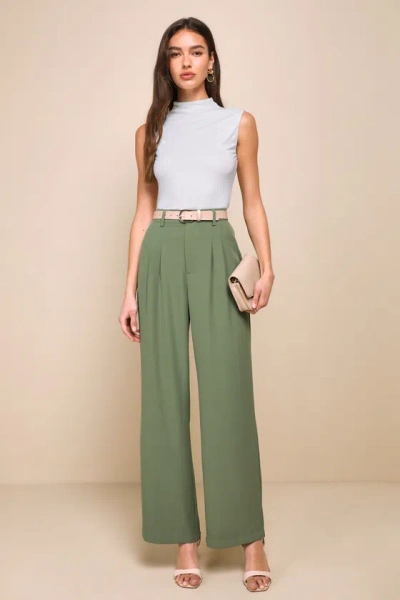 Lulus Posh Potential Olive Green Twill High Rise Wide-leg Pants