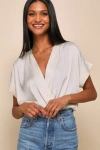 Lulus Posh Precision Champagne Satin Surplice Short Sleeve Bodysuit In Champagne