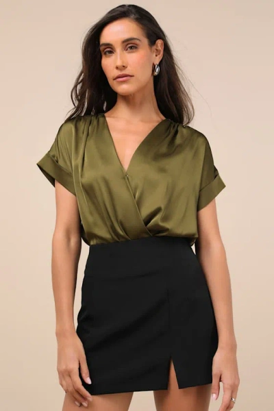 Lulus Posh Precision Olive Green Satin Surplice Short Sleeve Bodysuit