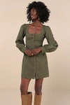 Lulus Posh Promise Olive Corduroy Long Sleeve Button-up Mini Dress In Green