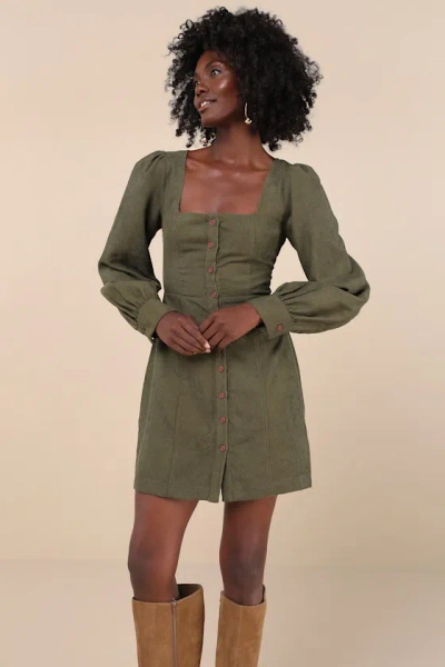 Lulus Posh Promise Olive Corduroy Long Sleeve Button-up Mini Dress In Green