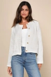 LULUS POSH PURSUITS IVORY TWEED COLLARLESS JACKET